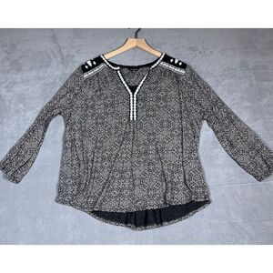 Lucky Brand Womens 2X‎ Black White Embroidered Geometric Long Sleeve Blouse Top